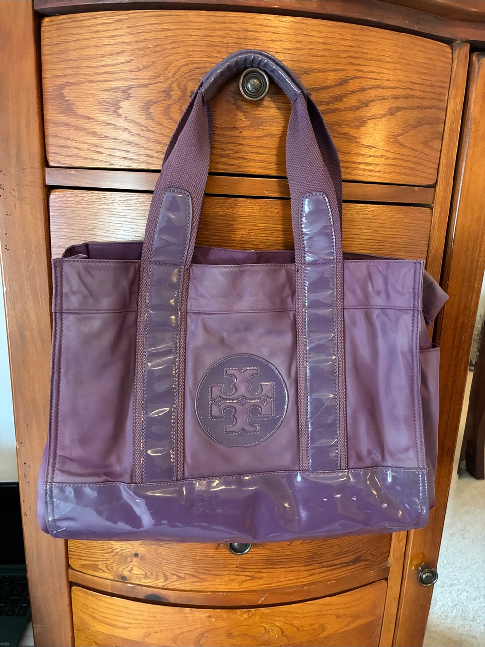 Tory Burch Plum Purple Logo Tote bag Ella patent and nylon vintage